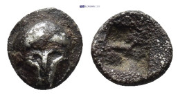THRACE, Mesambria. Mid-late 5th century BC. AR Obol (6mm, 0.52 g). Corinthian helmet facing / Quadripartite incuse square.