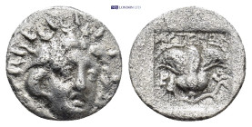 ISLANDS off CARIA, Rhodos. Rhodes AR Hemidrachm. (12mm, 1.25 g) 'Plinthophoric' coinage. Artemon, magistrate. Circa 170-150 BC. Radiate head of Helios...