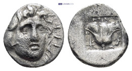 ISLANDS off CARIA, Rhodos. Rhodes. Circa 125-88 BC. AR Hemidrachm (11mm, 1.4 g). ‘Plinthophoric’ coinage. Uncertain magistrate. Radiate head of Helios...