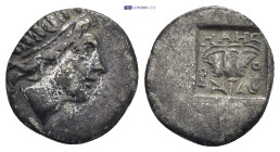 Islands off Caria, Rhodes. Silver Drachm (14mm, 2.0 g), ca. 88-85 BC. Maes, magistrate. Radiate head of Helios right. Reverse: P-O, rose with bud to l...