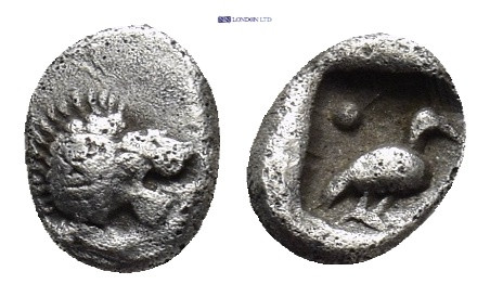 CARIA, Mylasa. Circa 420-390 BC. AR Tetartemorion (5mm, 0.29 g). Forepart of lio...