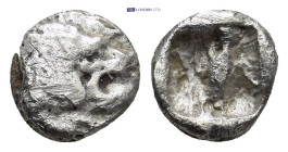 CARIA, Mylasa(?). Circa 520-490 BC. AR Obol(?) (8mm , 0.85 g) Forepart of lion left Rev. Rough incuse square.