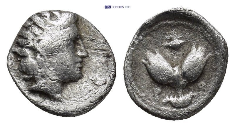 CARIA, Rhodes. 304-167 BC. AR Diobol (10mm, 0.94 g). Radiate head of Rhodos / Tw...