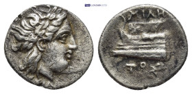 Bithynia, Kios. AR Hemidrachm (14mm, 2.39 g), c. 345-315 BC. Miletos, magistrate. Obv. Laureate head of Apollo to right. Rev. MIΛHTOΣ, Prow of galley ...