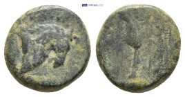 KINGS OF BITHYNIA. Prusias II Cynegos, 182-149 BC. AE (3.3 Gr. 13mm.), Nikomedeia. Head of a horse to right. Rev. ΒΑΣΙΛΕ / ΠΡΟΥΣΙ Barbed spearhead (or...