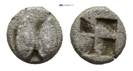 Lesbos. Uncertain mint circa 500-450 BC. 1/36 Stater AR (5mm., 0,26 g). Two eyes / Quadripartite incuse square.