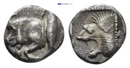 MYSIA, Kyzikos (Circa 450-400 BC). AR Diobol. (9mm, 1.2 g) Obv: Forepart of boar left; to right, tunny upwards. Rev: Head of lion left within incuse s...