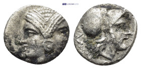 MYSIA, Lampsakos. (Circa 4th-3rd centuries BC.) AR Diobol (10mm 1.18 g) Female janiform head / Head of Athena right, wearing crested Corinthian helmet...