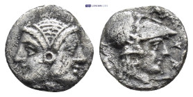 MYSIA, Lampsakos. 4th century BC. AR Diobol (11mm, 1.0 g) Janiform female heads / Helmeted head of Athena right.