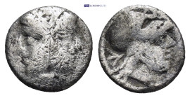 MYSIA, Lampsakos. 4th century BC. AR Diobol (11mm, 1.14 g) Janiform female heads / Helmeted head of Athena right.