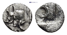 MYSIA. Kyzikos. (Circa 450-400 BC). AR Hemiobol. (7mm, 0.45 g) Obv: Forepart of boar left with H on shoulder; tunny behind. Rev: Head of roaring lion ...