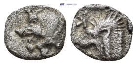 Mysia. Kyzikos circa 480 BC. Obol AR (9mm., 0,7 g). Forepart of boar left, tunny upward to right / Head of roaring lion left, retrograde K to upper le...