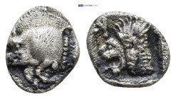 Mysia. Kyzikos circa 480 BC. Obol AR (9mm., 0,76 g). Forepart of boar left, tunny upward to right / Head of roaring lion left, retrograde K to upper l...