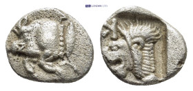 Mysia. Kyzikos circa 480 BC. Obol AR (9mm., 0,79 g). Forepart of boar left, tunny upward to right / Head of roaring lion left, retrograde K to upper l...