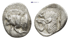 Mysia. Kyzikos circa 525-475 BC. Hemiobol AR (9mm, 0.37 g). Forepart of boar left; tunny upward to right / Head of roaring lion left, with star to lef...