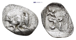 Mysia. Kyzikos Hemiobol, boar / lion Kyzikos, Mysia. AR Hemiobol (10mm, 0.44 g), c. 500-490. Obv. Forepart of boar left, behind, tunny fish. Rv. Lion'...