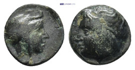 Mysia. Teuthrania. Prokles, Satrap of Teuthrania and Halisarna 400 BC. Bronze Æ (1 Gr. 10mm.) TEY; head of satrap right, wearing bashlyk, monogram to ...