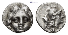 PISIDIA, Selge (Circa 350-300 BC) AR Obol (9mm, 0.9 g) Obv: Facing gorgoneion. Rev: Helmeted head of Athena to right; behind, astralagos.