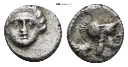 Pisidia. Selge circa 350-300 BC. Obol AR (9mm, 1.0 g) Gorgoneion / Head of Athena to right, wearing crested Attic helmet; behind, astragalos.