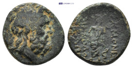 PHRYGIA. Akmoneia. (Circa 1st century BC) Ae Bronze (15mm, 4.24 g) Laureate head of Zeus right / AKMONE / MHNOΔO ΣIΛΛΩN. Asklepios standing facing, re...
