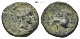 PHRYGIA. Amorion. (2nd-1st century BC). AE. (15mm, 3.81 g) Turreted head of Tyche, right. Rev. Lion leaping on kerykeion right ; monogram to left.
