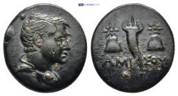 Pontos, Amisos. Ca. 125-100 B.C. AE (17mm, 4.32 g). Bare-headed bust of Perseus right / AMI-ΣOY, cornucopia between caps of the Dioscuri, stars above ...
