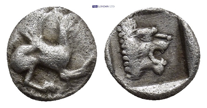 TROAS. Assos. (Circa 500-450 BC). AR Obol. (9mm, 0.56 g) Obv: Griffin seated to ...