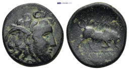 Seleucid Kingdom, Seleukos I 312-281 BC, AE (6.28 Gr. 20mm.)
Winged head of Medusa right 
Rev. Bull butting right, monogram to left of the bull.