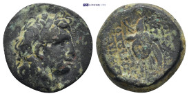 Seleukid Kingdom. Antioch. Tryphon 142-138 BC. Bronze Æ (17mm., 5.3 g). Diademed head right / BAΣIΛEΩΣ TPYΦΩNOΣ AYTOKPATOPOΣ, spiked Macedonian helmet...