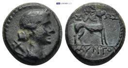 Galatian Kingdom. Amyntas. 39-25 B.C. AE (5 Gr. 16mm.)
Draped bust of Artemis right; bow and quiver over shoulder 
Rev. , Stag standing right.