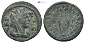 Lydia, Sardes. Civic Issue. Ca. 200-133 B.C. AE (4.22 Gr. 19mm.). 
Turreted and veiled head of Tyche right 
Rev. Cult statue of Kore facing, draped an...