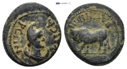 Lydia, Bagis. Psuedo-autonomous issue. 1st Century A.D. AE (2.34 Gr. 15mm.). 
 Bust of Men wearing Phrygian cap on a crescent 
Rev. BAΓHNΩN Bull left....