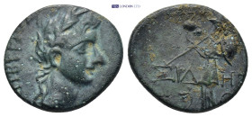 PAMPHYLIA, Side. Tiberius. AD 14-37. Æ (19mm, 4.52 g) ΤΙΒΕΡΙΟΣ[; laureate head of Tiberius, r. / ΣΙ-ΔΗ (across field); Athena standing facing, head r....