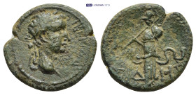 PAMPHYLIA, Side. Tiberius. AD 14-37. AE (3.47 Gr. 17mm.) 
Laureate head right 
Rev. Athena advancing right, holding spear and shield; pomegranate to u...
