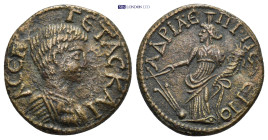 Phrygia, Hadrianopolis-Sebaste, . Geta 198-209. AE (5.95 Gr. 21mm.)
Bare-headed, draped and cuirassed bust right. 
Rev. Tyche standing left, holding r...