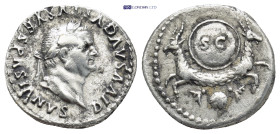 Vespasian AR Denarius. (18mm, 3.42 g)Rome, AD 80-81. DIVVS AVGVSTVS VESPASIANVS, laureate head to right / SC on shield supported by two capricorns, wi...