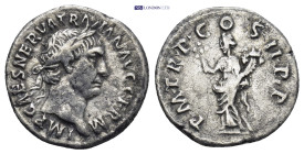 TRAJAN (98-117). Denarius. (19mm, 3.22 g) Rome. Obv: IMP CAES NERVA TRAIAN AVG GERM. Laureate head right. Rev: P M TR P COS II P P. Pax standing left,...
