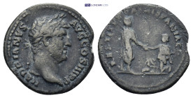 Hadrian AD 134-138. AE. Rome (2.75 Gr. 18mm.)
Laureate and draped bust right 
Rev. Hadrian, togate, standing right, raising kneeling figure of Hispani...