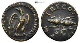 Hadrian, AD 117-138 AD. AE Quadrans Rome. (2.37 Gr. 17mm.)
Eagle standing right, head reverted. 
Rev. TR P COS III PM, thunderbolt, SC in ex.