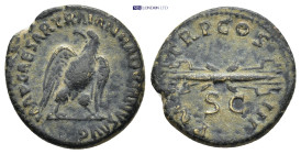 Hadrian. AD 117-138. Æ Semis (18mm, 3.42 g). Rome mint. Struck late AD 121-123. Eagle standing right, head left, with wings displayed / Winged thunder...