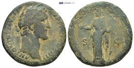 Antoninus Pius Æ Sestertius. (30mm, 24.86 g) Rome, AD 153-154. ANTONINVS AVG PIVS PP TRP XVIII, laureate head right / LIBERTAS COS IIII, Libertas stan...