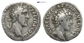 Antoninus Pius and M. Aurelius, as Caesar AD 138-161. Rome Denarius AR (17mm., 3.3 g). ANTONINVS AVG PI-VS P P TR P COS III, laureate head of Antoninu...