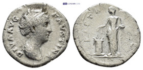 Diva Faustina I AR Denarius. (17mm, 2.68 g) Rome, AD 141. DIVA AVG FAVSTINA, diademed and draped bust right / PEITAS AVG, Pietas, veiled, standing lef...