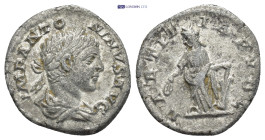Elagabalus AD 218-222. Rome Denarius AR (18mm. 2,9 g). IMP ANTONINVS AVG, Laureate and draped bust right / LAETITIA PVBLI, Laetitia standing left, hol...