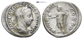 SEVERUS ALEXANDER (222-235). Denarius. (19mm, 2.43 g) Rome. Obv: IMP C M AVR SEV ALEXAND AVG. Laureate and draped bust right. Rev: P M TR P IIII COS P...