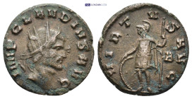 Claudius II Gothicus. A.D. 268-270. AE antoninianus (19mm, 3.52 g). Rome mint. IMP CLAVDIVS AVG, radiate head right / VIRTVS AVG, Soldier standing lef...