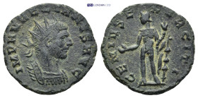 Aurelian AD 270-275. Rome Antoninian AR (19mm. 2,89 g). IMP AVRELIANVS AVG, radiate, cuirassed bust right / GENIVS EXERCITI, Genius standing left, hol...