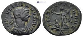 Aurelian. A.D. 270-275 AE (2.14 Gr. 18mm.). Rome
Laureate and cuirassed bust right 
Rev. Victory advancing left, holding wreath and palm, bound captiv...