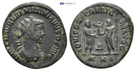 Maximian Æ Antoninianus. (19mm, 3.76 g) Antioch, AD 285-295. IMP C M AVR VAL MAXIMIANVS P F AVG, radiate cuirassed bust right / IOV ET HERCV CONSER AV...