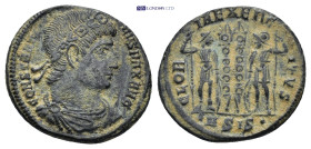 Constantine I AE Nummus. Siscia, AD 330-333 (2.71 Gr. 18mm.)
Rosette-diademed, draped and cuirassed bust right 
Rev. Two soldiers standing front, head...